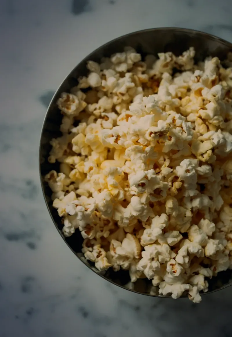 Eine Schale mit frischem Popcorn, von oben fotografiert.